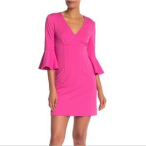 Trina Turk Barbie Pink Bell Sleeve V-Neck Sheath Dress NWOT Size 12